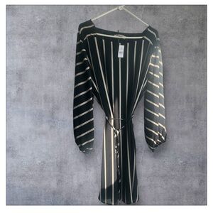 LOFT Black and Cream Striped Long Sleeve Dress
